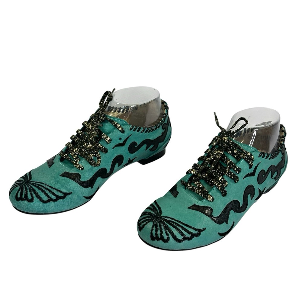 Marko Delli Leather Oxford Shoes Womens 37 Turquoise Embroidered Boho Artisan